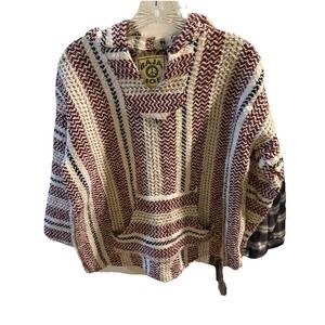 Vintage Baja Hoodie Mexican Drug Rug Pullover Sweater maroon stripe S